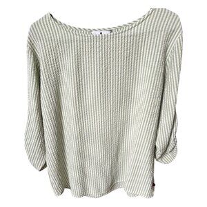 Vintage Woolrich Boho Crinkle Ruched Striped Tunic Bayleaf Green Top Size Medium